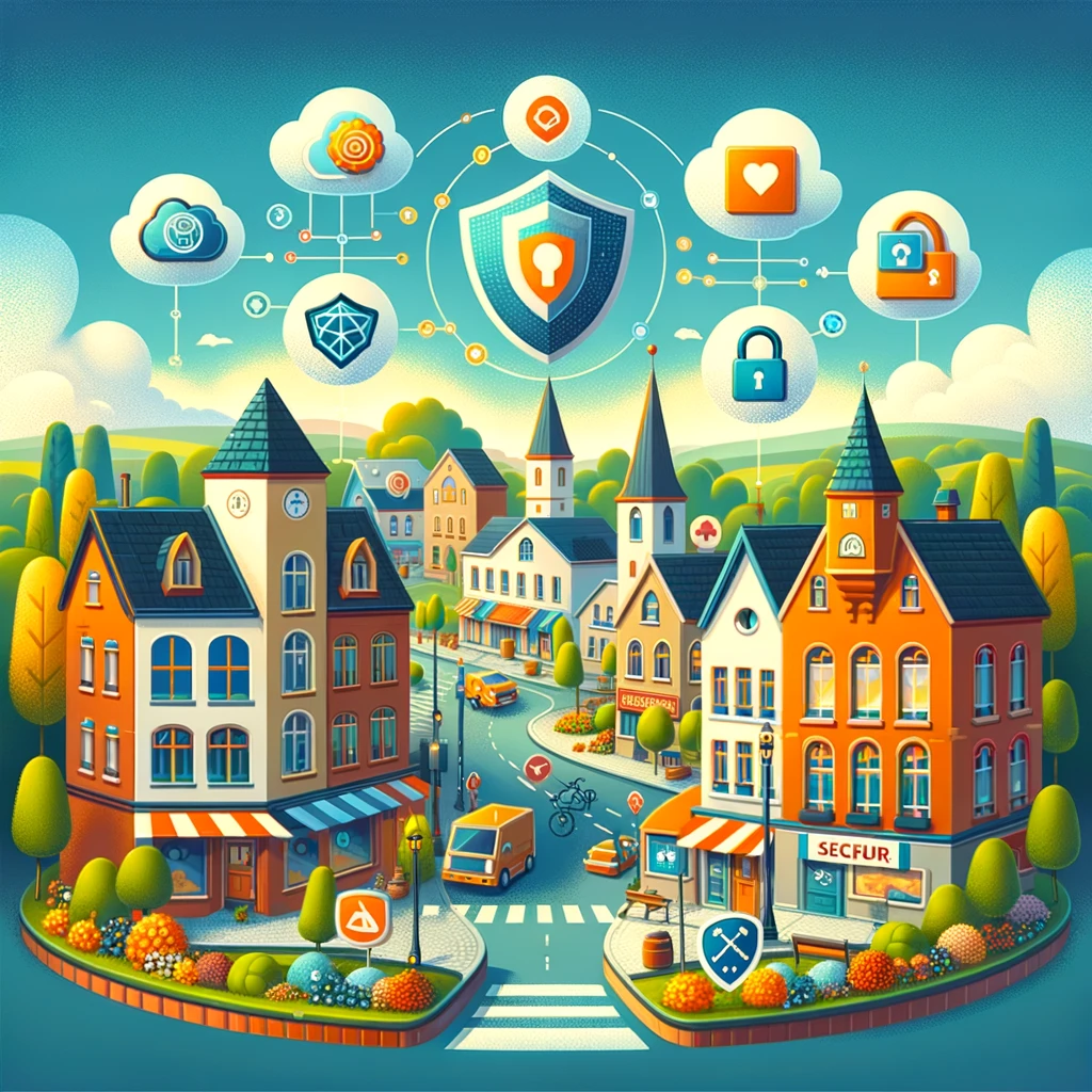 An engaging and informative image depicting the concept of digital hygiene for a small-town community. It should illustrate a blend of small-town charm with modern digital practices. Picture a cozy, picturesque small town with houses, a school, and local businesses in the background, under a bright, clear sky. In the foreground, digitally stylized icons representing cybersecurity elements like a shield symbolizing antivirus protection, a lock for strong passwords, and a computer screen displaying a secure website. The image should evoke a sense of community and the importance of protecting it through responsible digital practices, making it relatable to residents of all ages. The style should be colorful, inviting, and easy to understand, conveying the message that cybersecurity is both essential and accessible to everyone in the town.